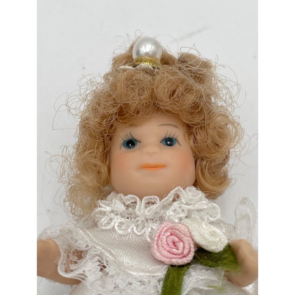 Vintage Porcelain Miniature Doll With White Lace Dress & Pearl Hairband